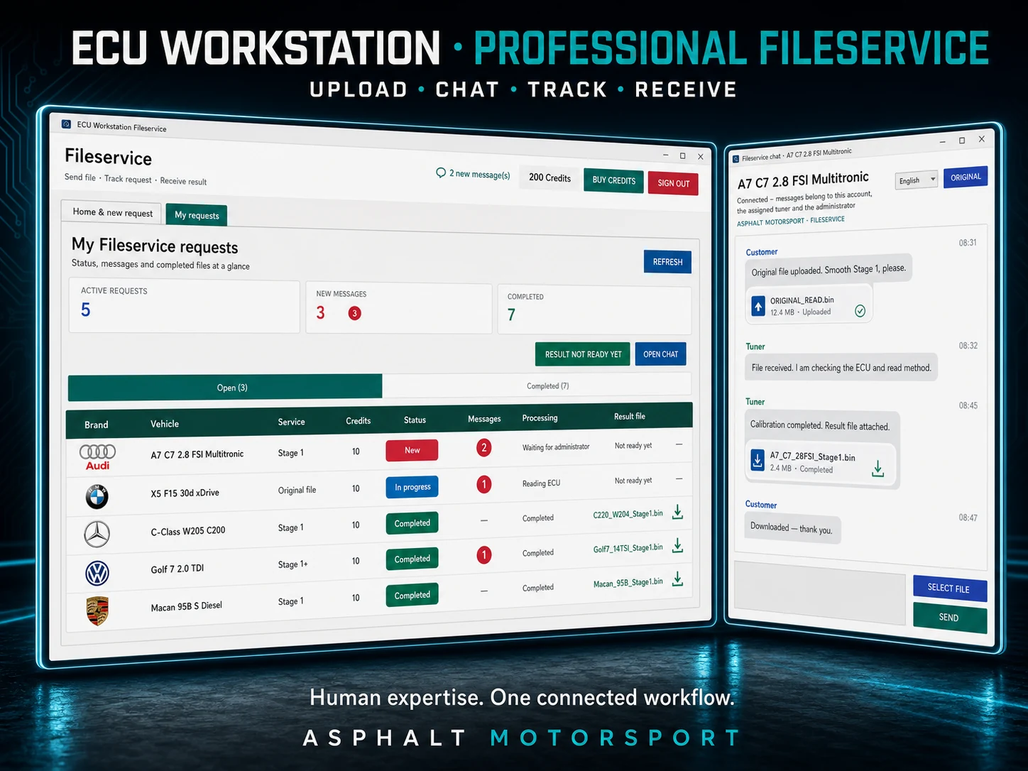 Fileservice-Auftragsliste mit Markenlogos, Status, Chat und Ergebnisdatei